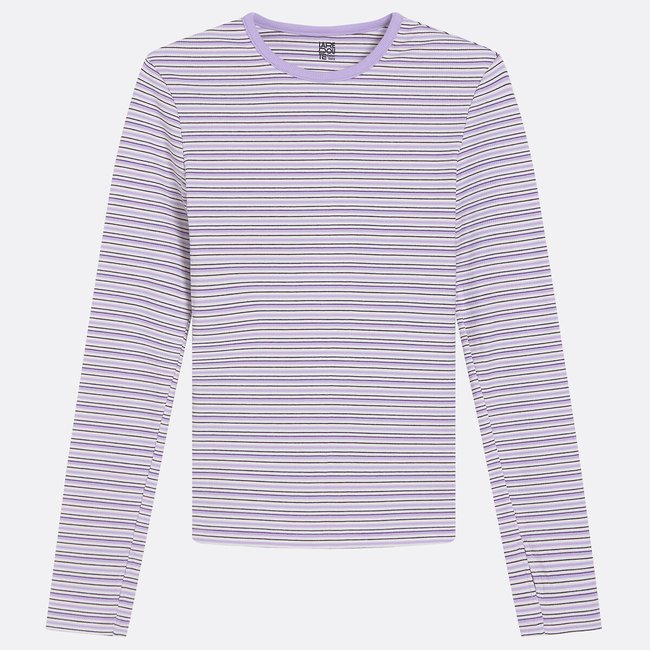 T-shirt manches longues à rayures col rond rayé violet <span itemprop=