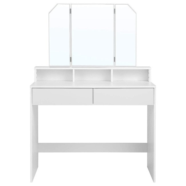 Coiffeuse Blanche avec Miroir 3 Volets et 2 Tiroirs - L100 cm Couleur blanc <span itemprop=