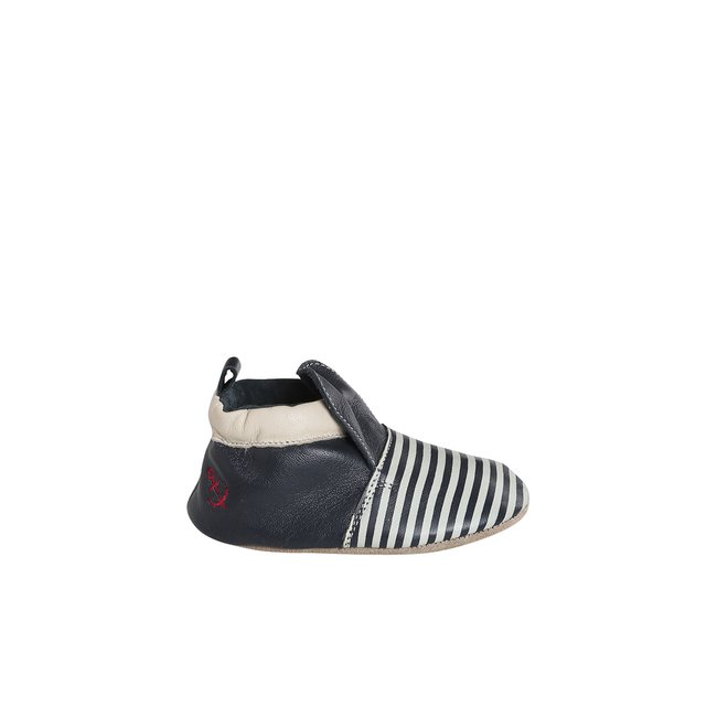 Chaussons élastiqués bicolores en cuir souple rayé bleu <span itemprop=