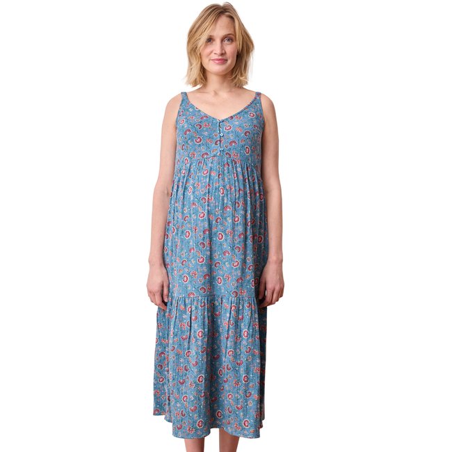 Robe imprimée fines bretelles gaze de coton grossesse et allaitement bleu pétrole <span itemprop=