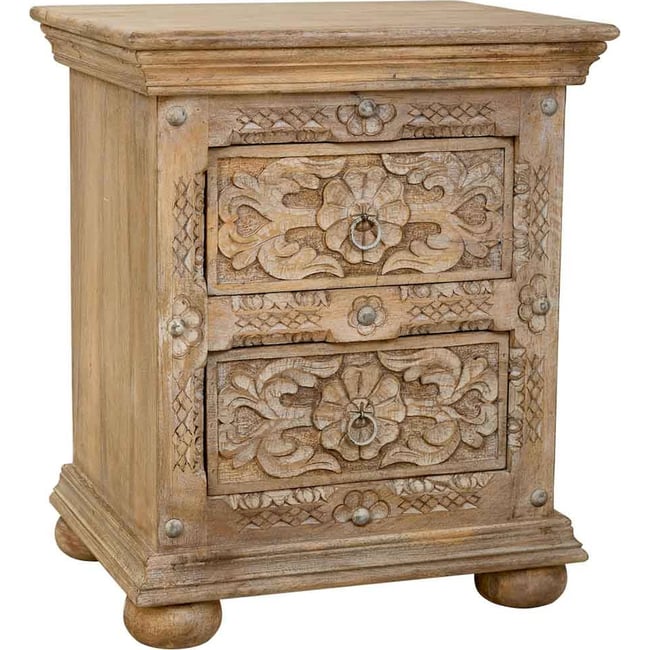 Table de chevet en manguier, 2 Tiroirs Couleur bois naturel sculpté clair <span itemprop=