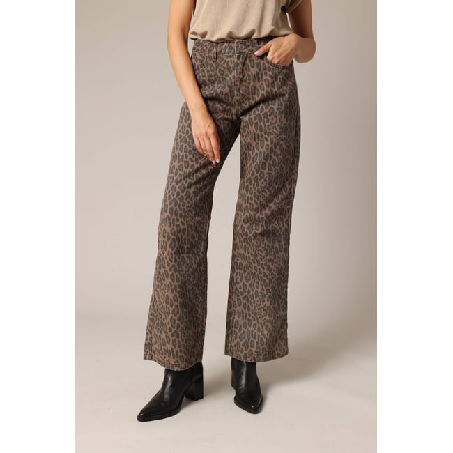 Jean flare 100% coton à motif léopard tendance PRISTY camel <span itemprop=