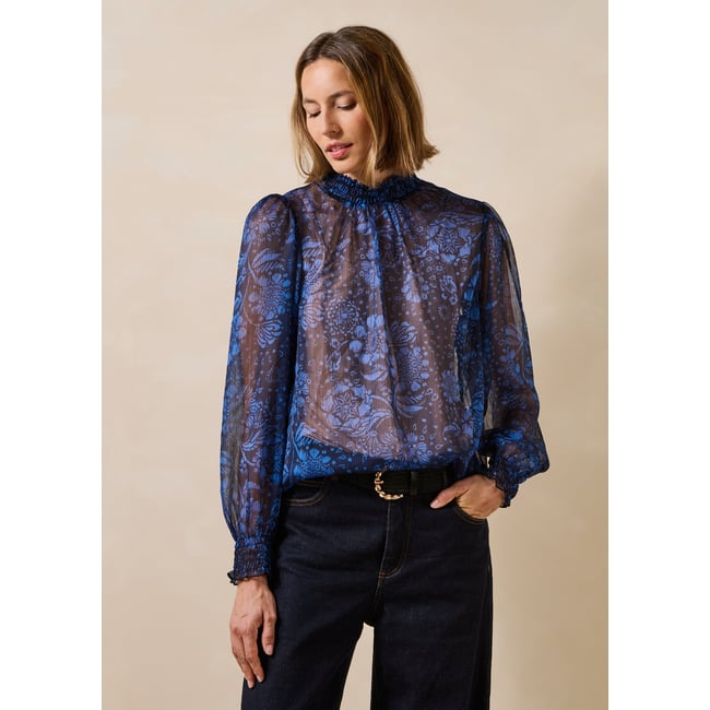 Top en voile imprimé floral manches longues bleu <span itemprop=