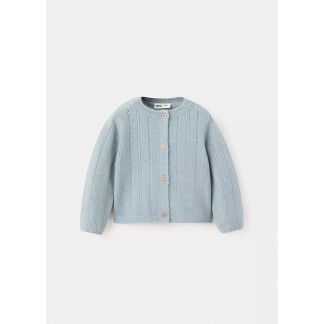 Cardigan maille détails ajourés bleu ciel <span itemprop=