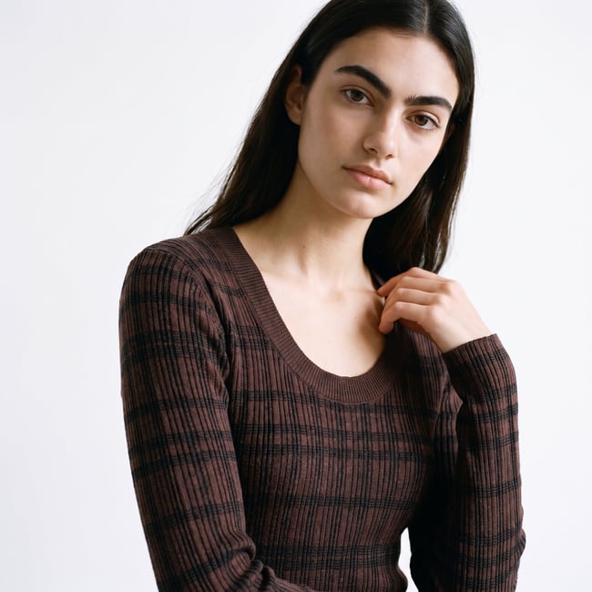 Pull ajusté col rond maille jacquard manches longues FLERIA brown <span itemprop=