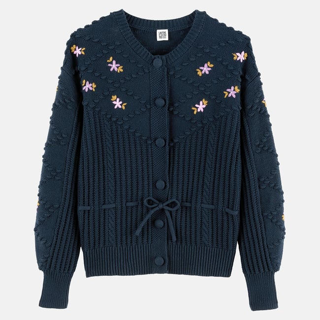 Cardigan brodé fleurs, avec lien à la taille bleu marine <span itemprop=