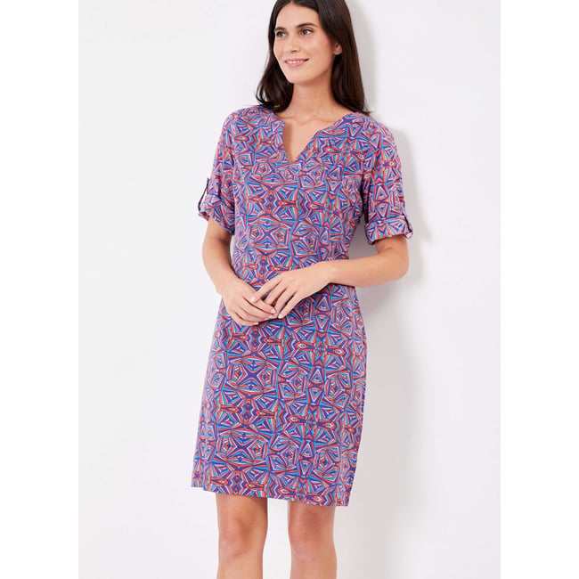 Robe col tunisien voile de coton bio imprimée CAMILA violet cobalt <span itemprop=