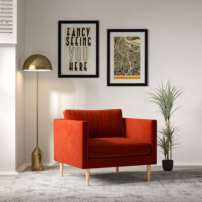 Gabriela Modern Velvet Armchair with Light Wood Legs & Feather Fillings - SO'HOME