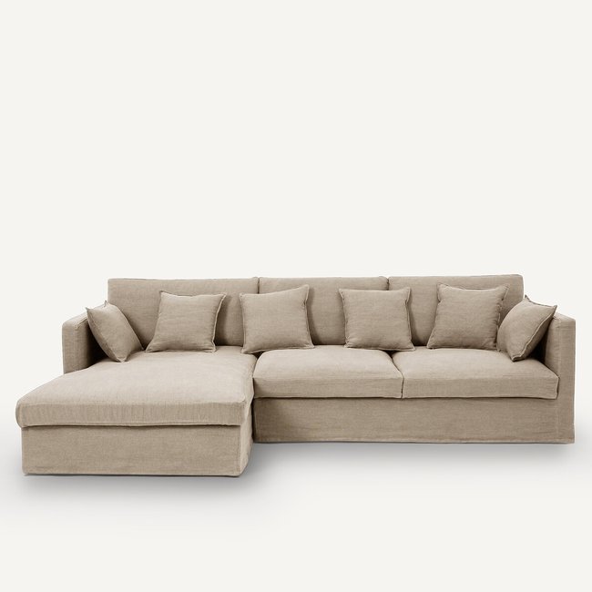 Sofá esquinero de lino grueso stonewashed, Néo Kinkajou natural <span itemprop=