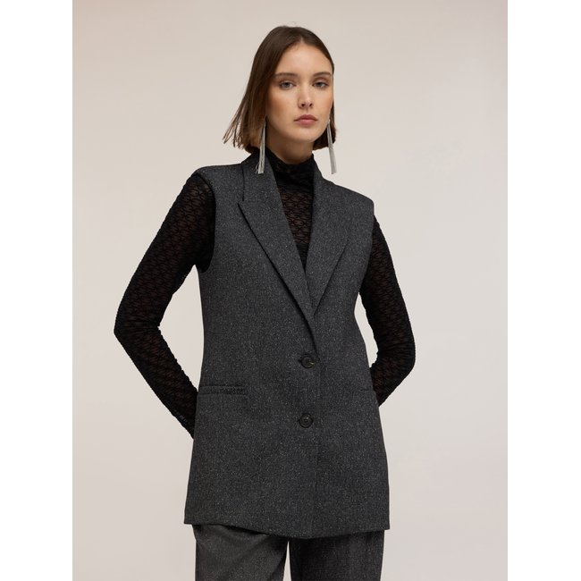 Gilet de tailleur teint fil avec revers gris <span itemprop=