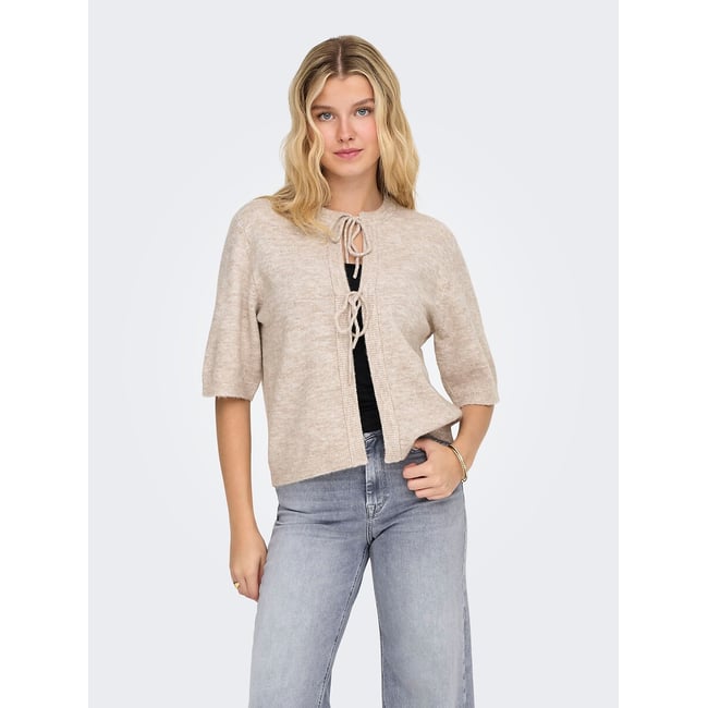Cárdigan de manga corta con lazos beige               <span itemprop=