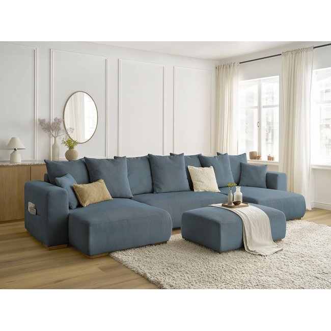 Canapé panoramique convertible 5 places en velours côtelé avec pouf, SIDONIE - BOBOCHIC