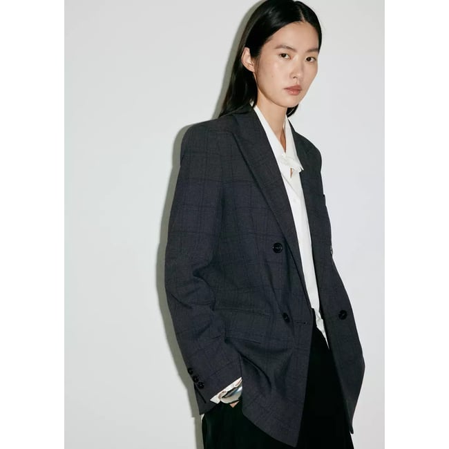 Blazer costume à carreaux double boutonnage gris <span itemprop=