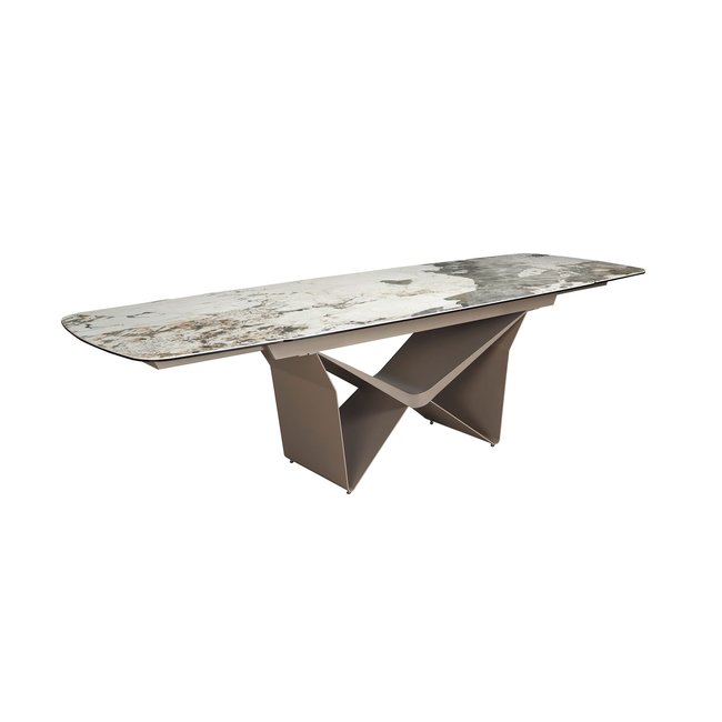 Table de salle à manger ovale à rallonge avec marbre porcelaine et fût en acier métallisé Couleur blanc | taupe <span itemprop=