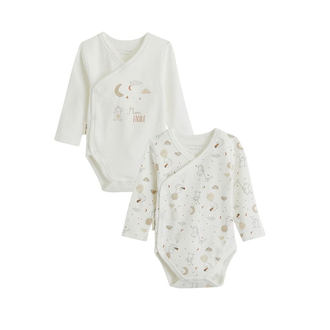 Lot de 2 bodies bébé manches longues ouverture croisée Eliah ecru <span itemprop=
