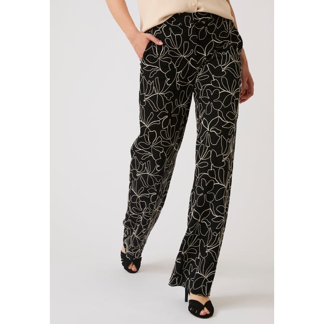 Pantalon crêpe brodé fleuri noir fleuri <span itemprop=