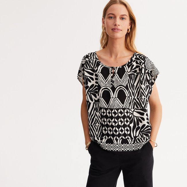 Crew Neck Blouse with Tribal Print and Short Sleeves, multi-coloured, ANNE WEYBURN