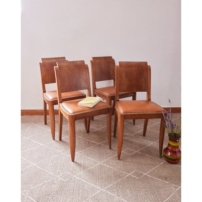 Lot de 4 chaises Art déco Claude N°1341 - Bon état Couleur bois clair <span itemprop=