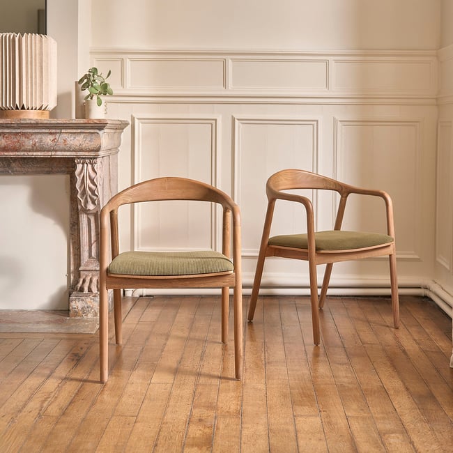 Lot de 2 chaises en teck massif et velours côtelé  AMBRE Couleur kaki <span itemprop=