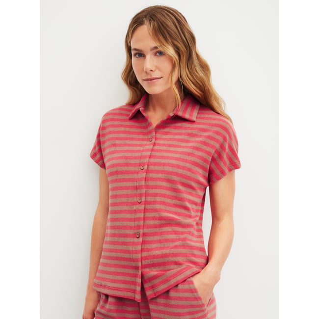 T-shirt à manches courtes avec boutons en tissu éponge manches courtes Coton LOUNGE STRIPE timeless taupe <span itemprop=