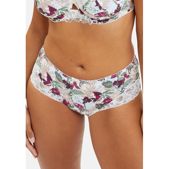 Shorty en microfibre et dentelle Mathilde imprimé vegetal jungle ivoire <span itemprop=