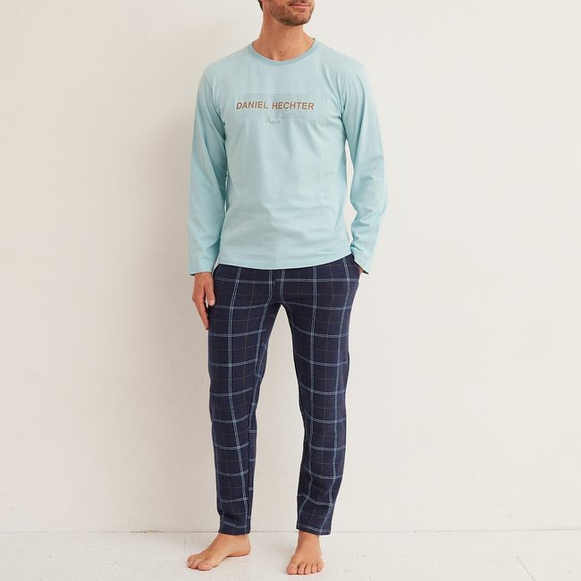 Logo Print Pyjamas with Checked Trousers, blue + checked, DANIEL HECHTER LINGERIE