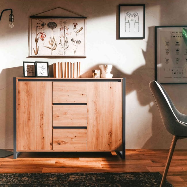 Commode 2 portes 3 tiroirs Couleur bois naturel <span itemprop=
