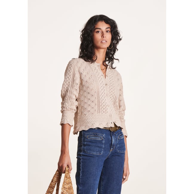 Gilet à col rond en maille chinée sable <span itemprop=
