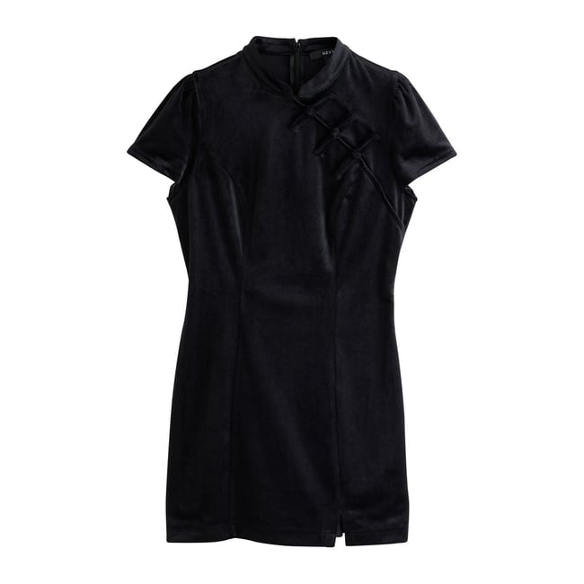 Robe courte nouée en velours manches courtes noir <span itemprop=