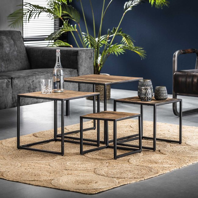 Table basse gigogne style contemporain bois et métal WELLINGTON (lot de 4) Couleur bois naturel <span itemprop=