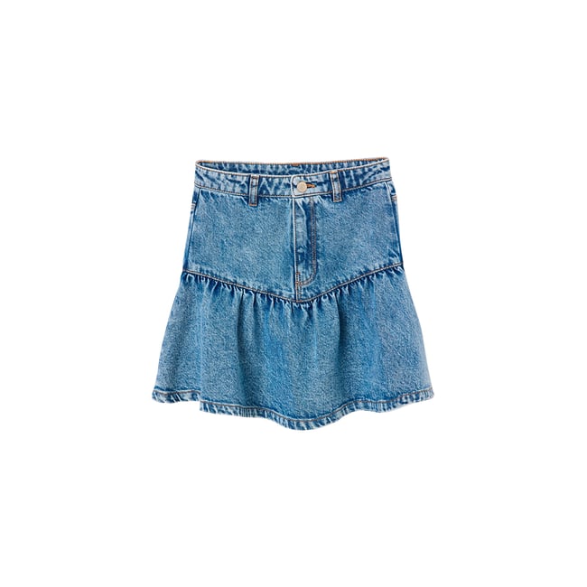 Jupe denim volantée bleu jean <span itemprop=