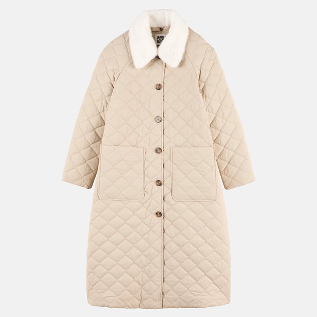 Doudoune longue, à col duveteux amovible beige grège <span itemprop=