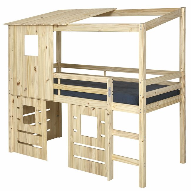 Pack lit cabane mi-hauteur avec matelas Bois massif  ALMA - AKITEN RETAIL