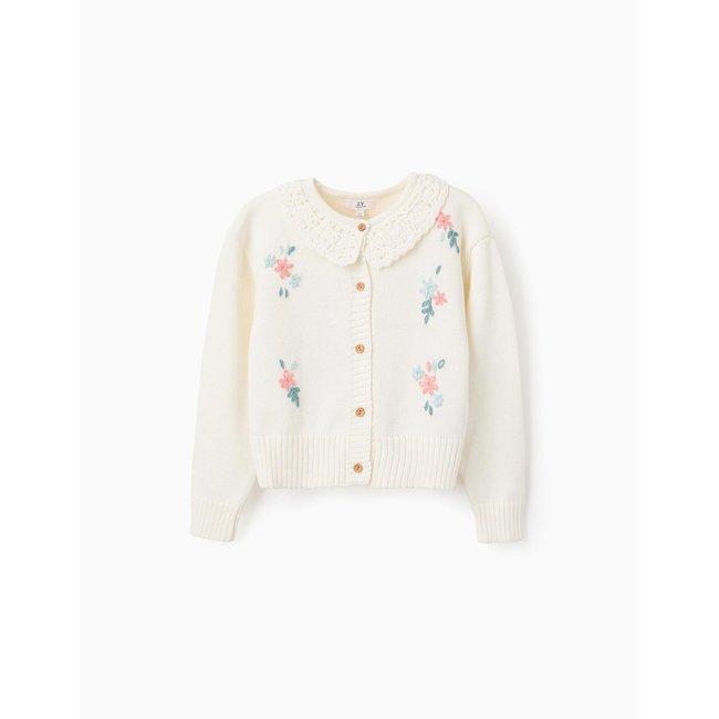 Gilet en Maille avec Crochet et Broderies de Fleurs beige clair <span itemprop=