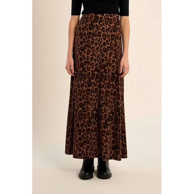 Jupe longue imprimée en maille imprimé léopard <span itemprop=