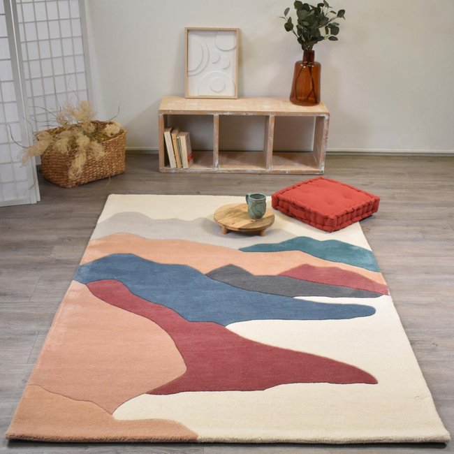 Tapis salon et chambre PAPOSO, fait à la main motif géométrique Couleur beige, écru, bleu, rouille <span itemprop=