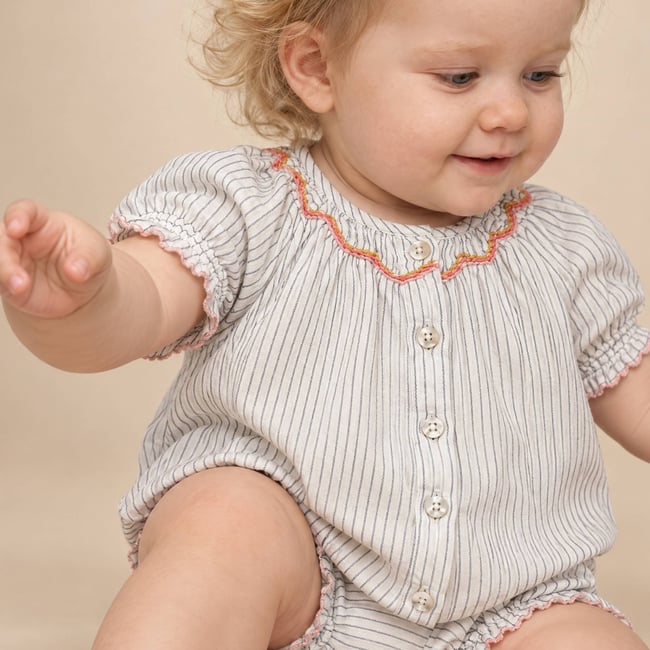 Ensemble t-shirt et bloomer rayé en coton BIO orageux <span itemprop=