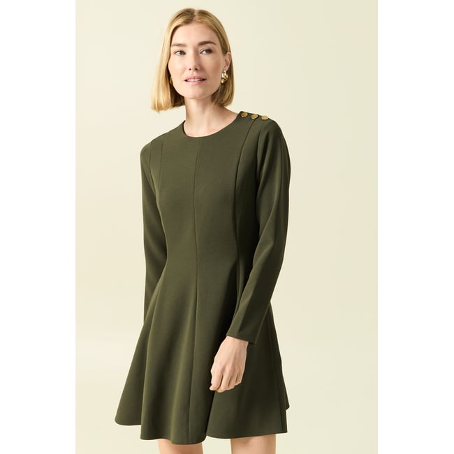 Robe fluide manches longues col rond vert kaki <span itemprop=