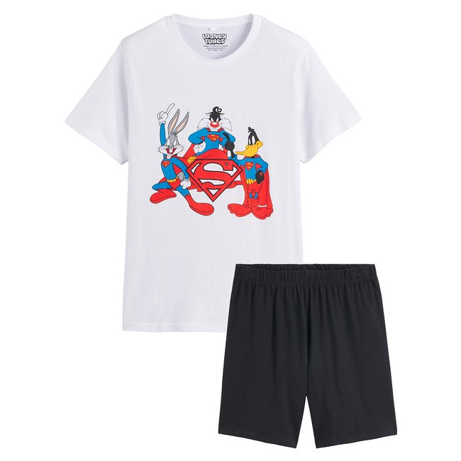 Cotton Mix Short Pyjamas, white + black, LOONEY TUNES