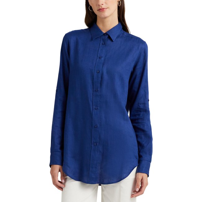 Chemise en lin manches longues KARRIE bleu <span itemprop=