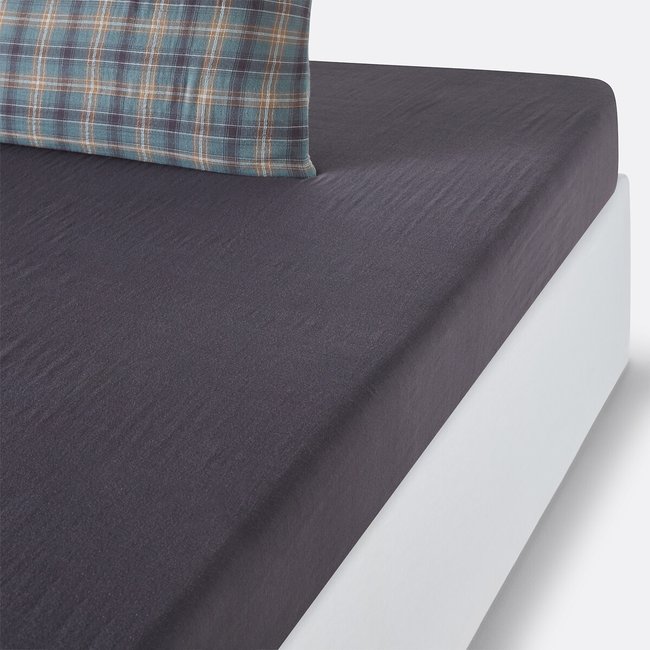 Check 100% Cotton Muslin 200 Thread Count Fitted Sheet dark grey LA REDOUTE INTERIEURS