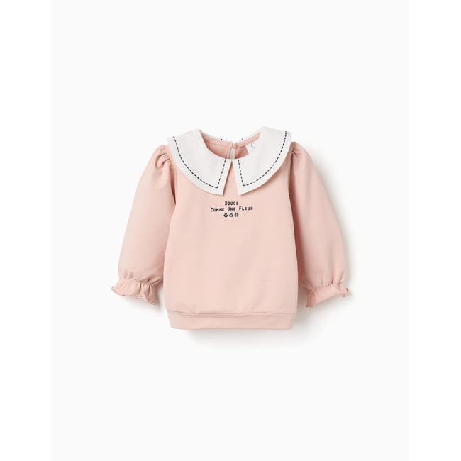 Sweat en coton avec col brodé rose clair <span itemprop=
