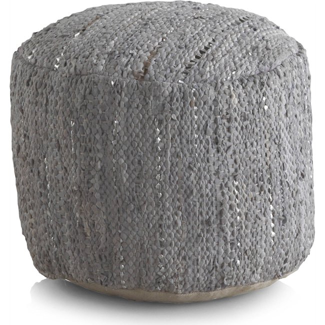Pouf rond  en cuir et coton fait main confort moderne Couleur gris tressé clair <span itemprop=