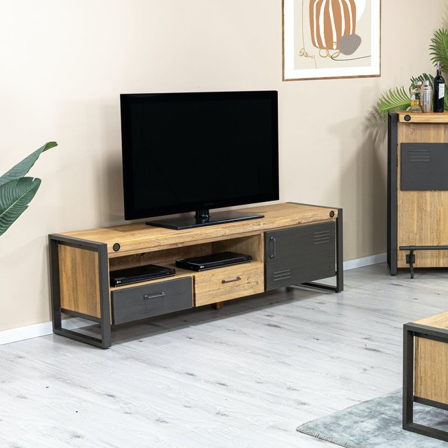 Meuble TV 165cm bois et métal boulons 1 porte 2 tiroirs 1 niche style industriel BROOKLYN Couleur bois naturel <span itemprop=