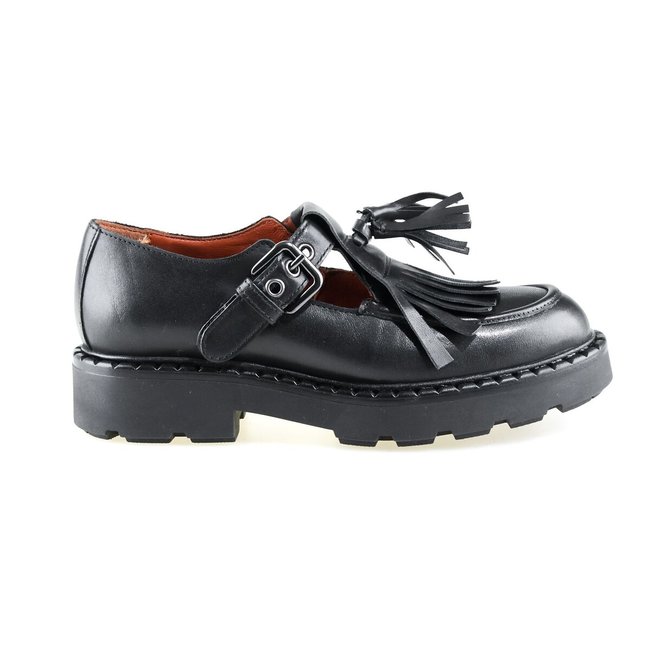Babies en cuir, bride en T et franges noir <span itemprop=