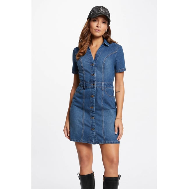 Robe courte en jean col V  bleu stone <span itemprop=