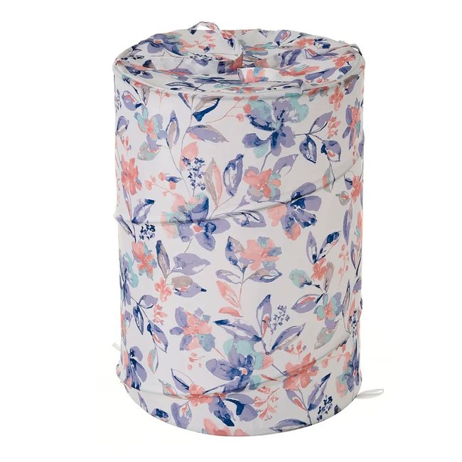 Panier à linge en polyester blanc, rose et bleu floral Couleur rose <span itemprop=