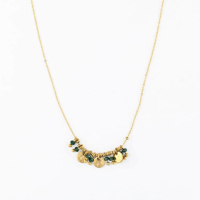 Collier chaîne avec pampilles et perles en acier inoxydable vert <span itemprop=