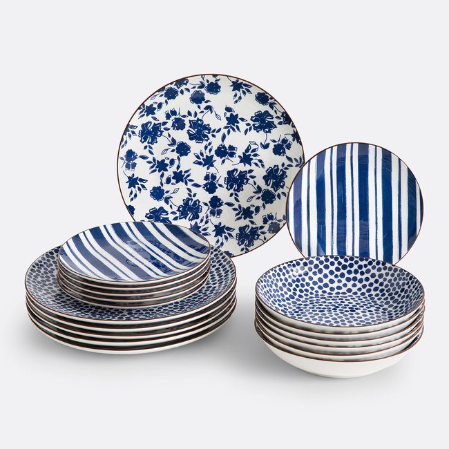 Juego de 18 platos de porcelana, Sienna azul/blanco <span itemprop=