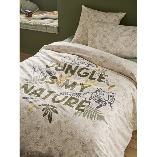 Parure housse de couette + taie oreiller GREEN JUNGLE, avec coton recyclé vert imprimé <span itemprop=